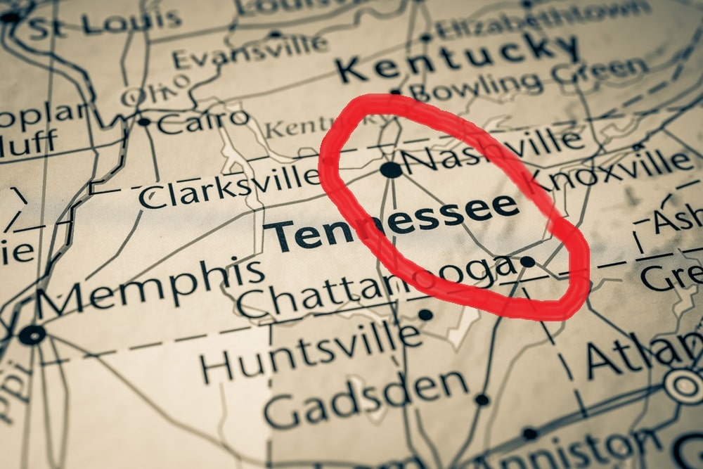 Map focusing on Chattanooga to Nashville area