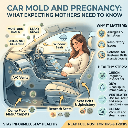 Image with pregnant woman in moldy car