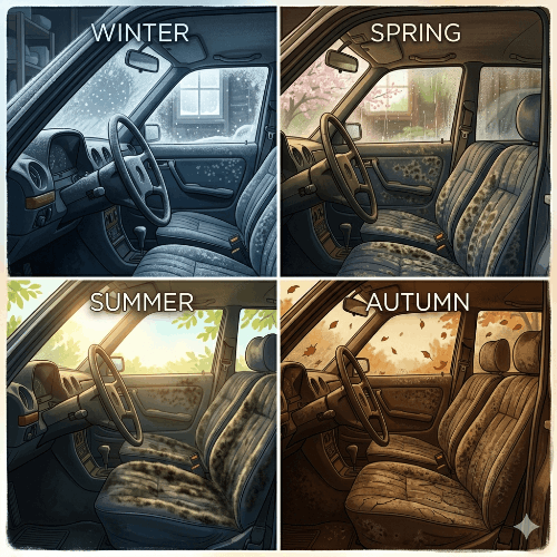 Image of a moldy car interior during the four seasons of the year
